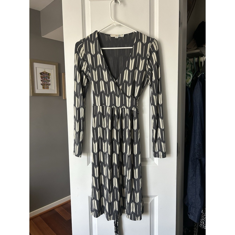 Boden Jersey Faux Wrap Dress Gray White Geometric Print Size US‎ 8R